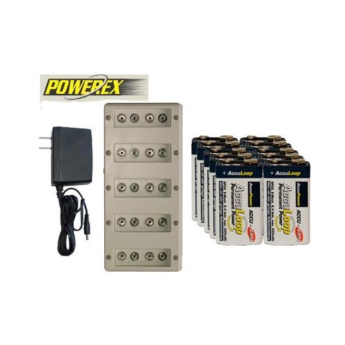 Powerex 10 Bay 9 Volt Charger + 10-Pack 9 Volt AccuLoop NiMH Batteries
