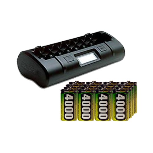 8 Bay LCD Battery Charger + 16 D AccuPower NiMH Batteries