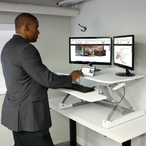 Boost Industries STS-DR35ii White 35" Sit to Stand Desk Riser with Bonus OrthoMAT32ii Anti-Fatigue Standing Mat