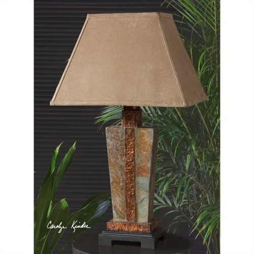 UTTERMOST  Indoor And Outdoor Slate Accent Lamp In Hammered Copper Great height so it doesn't overpower the room but is a great key piece in my living room