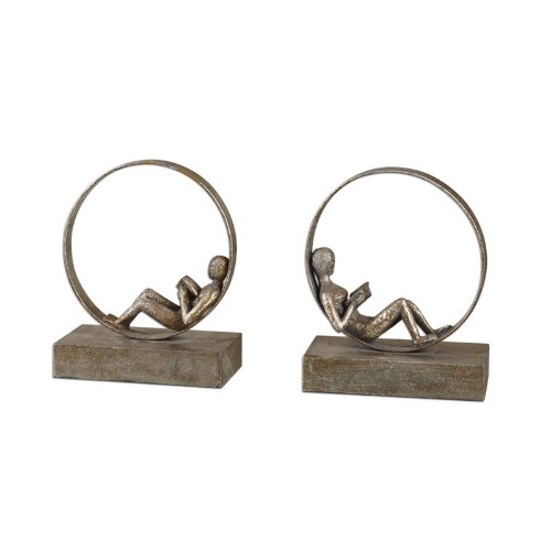 UTTERMOST  Lounging Reader 2 Piece Bookend Set In Antiqued Leaf In Silver