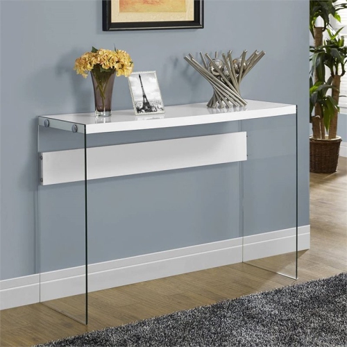 Accent Table Console Narrow Sofa Bedroom Tempered Glass Glossy White