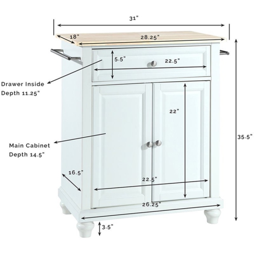 Crosley Cambridge Natural Wood Top Portable Kitchen Island in White