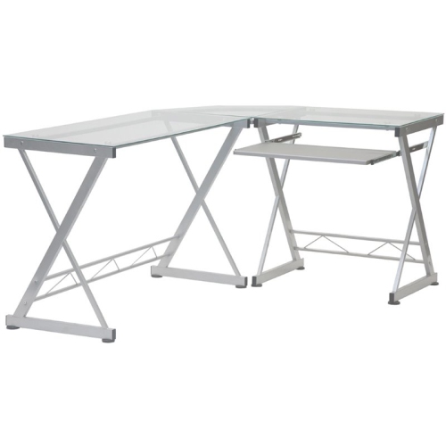 TECHNI MOBILI  Modern Reversible L Shaped Clear Glass Top Computer Desk