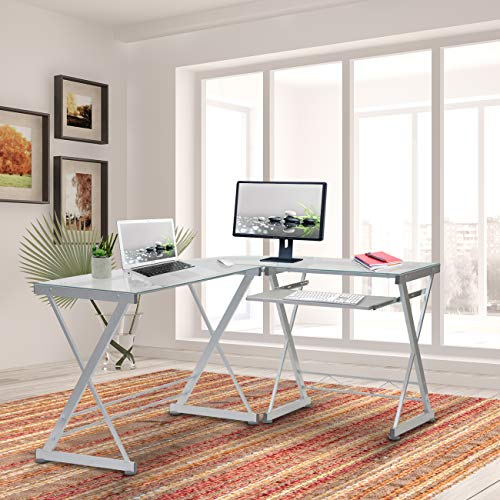 Techni Mobili Modern Reversible L Shaped Clear Glass Top Computer Desk