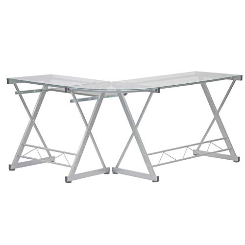 Techni Mobili Modern Reversible L Shaped Clear Glass Top Computer Desk