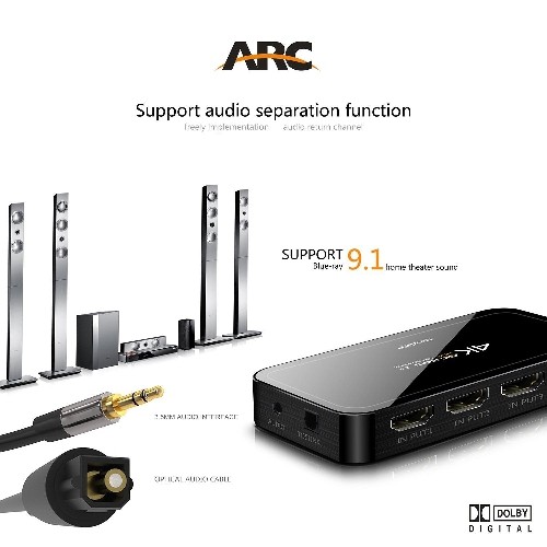 HYFAI 4 PORT 4X1 HDMI 2.0 4Kx2K @60HZ SWITCH, OPTICAL TOSLINK AUDIO EXTRACTOR W/REMOTE + Free 4-set HDMI 2.0 Cables