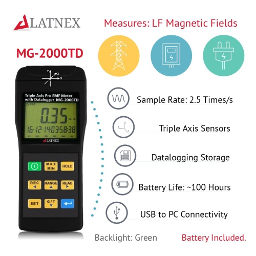 MG-2000TD: Triple Axis Magnetic Field Gauss Detector Professional EMF Meter with Datalogger