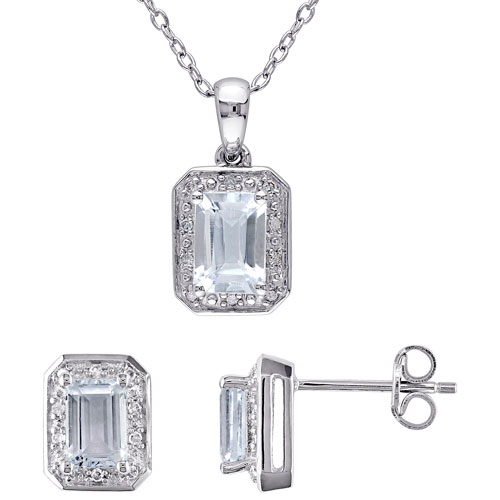 Classic Sterling Silver Aquamarine & 0.125ctw Diamonds Halo Necklace & Earring Set