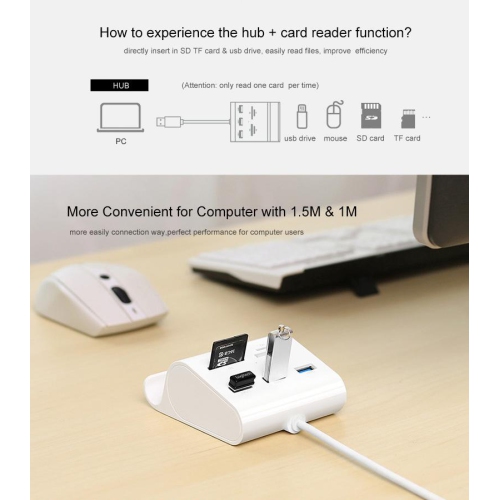SAMA SA-30344 Mobile Phone Stand With Card Reader USB3.0. Supporting TF/SD/MS/CF memory Cards. 1Meter length Cable. White colo
