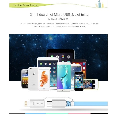 USAMS US-SJ019 MicroUSB & Lightning 2 in 1 Cable U-trans Series Blue