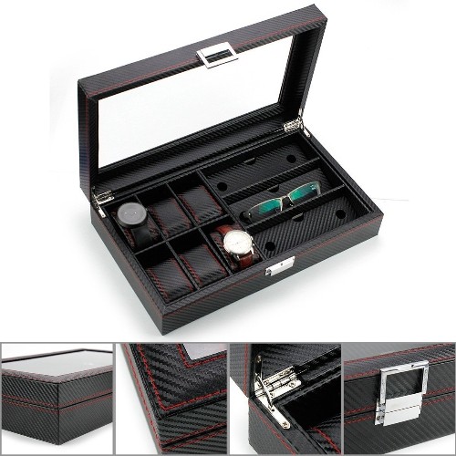 6 Coffret à bijoux en cuir noir, coffret à bijoux, rangement pour lunettes et coffret à lunettes de soleil, 3 pièces