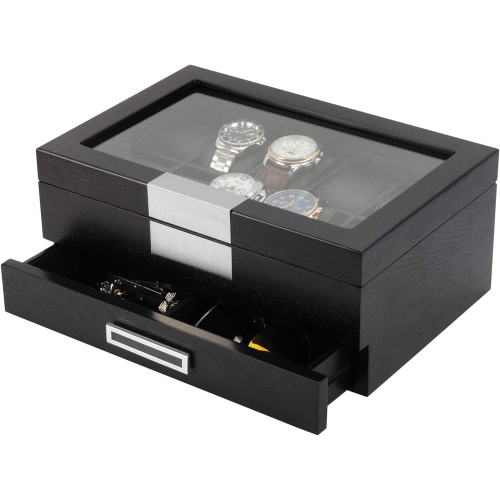 Black Wood Watch Storage Box with 10 Watch Slots & 1 Pull-Out Valet Drawer, Glass Lid Jewelry Organizer Case for watches, cufflinks, brooches, rings