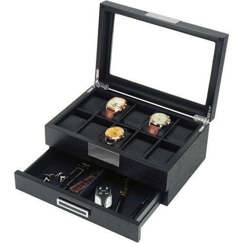 Black Wood Watch Storage Box with 10 Watch Slots & 1 Pull-Out Valet Drawer, Glass Lid Jewelry Organizer Case for watches, cufflinks, brooches, rings