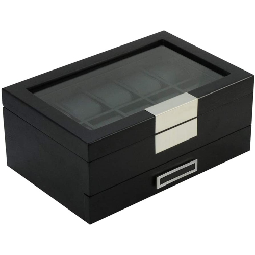 Black Wood Watch Storage Box with 10 Watch Slots & 1 Pull-Out Valet Drawer, Glass Lid Jewelry Organizer Case for watches, cufflinks, brooches, rings