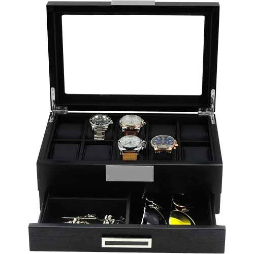 Black Wood Watch Storage Box with 10 Watch Slots & 1 Pull-Out Valet Drawer, Glass Lid Jewelry Organizer Case for watches, cufflinks, brooches, rings