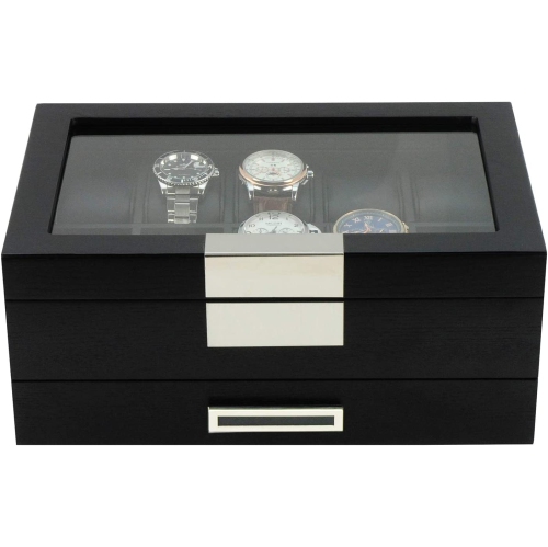 Black Wood Watch Storage Box with 10 Watch Slots & 1 Pull-Out Valet Drawer, Glass Lid Jewelry Organizer Case for watches, cufflinks, brooches, rings