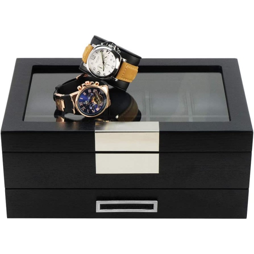 Black Wood Watch Storage Box with 10 Watch Slots & 1 Pull-Out Valet Drawer, Glass Lid Jewelry Organizer Case for watches, cufflinks, brooches, rings