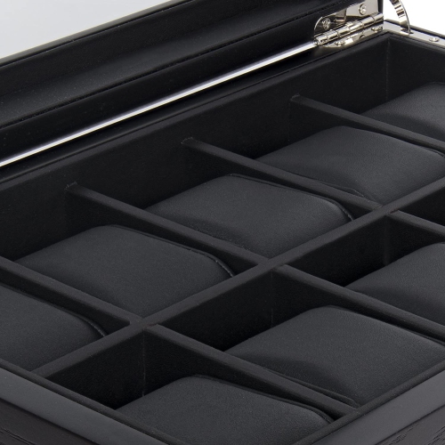 Black Wood Watch Storage Box with 10 Watch Slots & 1 Pull-Out Valet Drawer, Glass Lid Jewelry Organizer Case for watches, cufflinks, brooches, rings