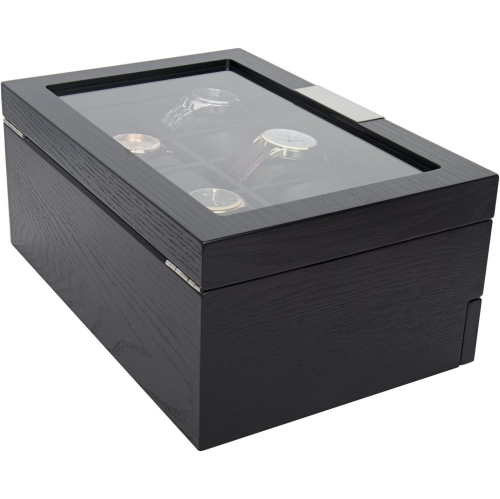 Black Wood Watch Storage Box with 10 Watch Slots & 1 Pull-Out Valet Drawer, Glass Lid Jewelry Organizer Case for watches, cufflinks, brooches, rings