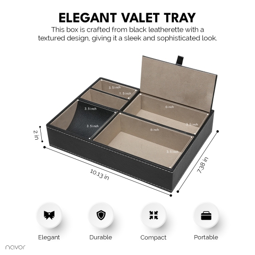 Arolly Black Leatherette Valet Tray Dresser - Desktop Organizer for Keys Coins Wallet Smartphone Watches Sunglasses and Accessories - 5 Compartments