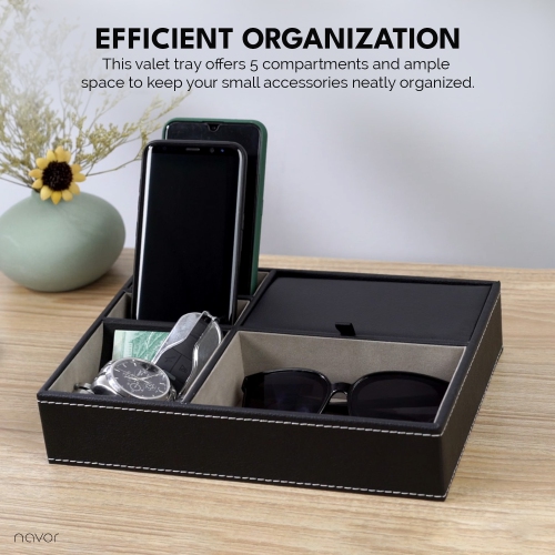 Arolly Black Leatherette Valet Tray Dresser - Desktop Organizer for Keys Coins Wallet Smartphone Watches Sunglasses and Accessories - 5 Compartments