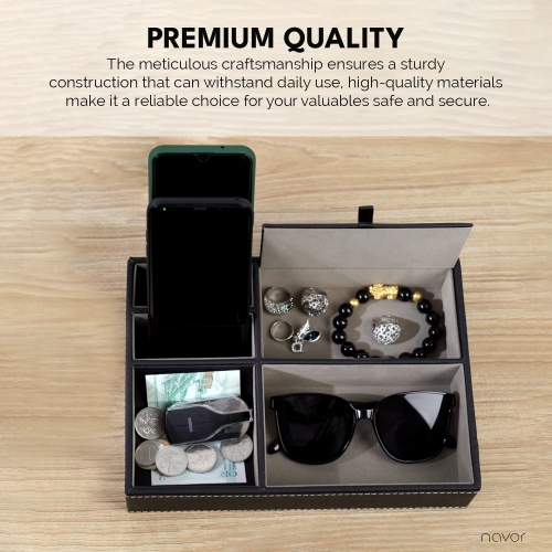 Arolly Black Leatherette Valet Tray Dresser - Desktop Organizer for Keys Coins Wallet Smartphone Watches Sunglasses and Accessories - 5 Compartments