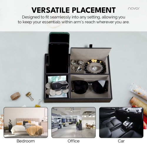 Arolly Black Leatherette Valet Tray Dresser - Desktop Organizer for Keys Coins Wallet Smartphone Watches Sunglasses and Accessories - 5 Compartments