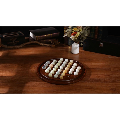 Mahogany Wooden Finish Authentic Handmade Solitaire Board Game Set with 36 Natural Marbles