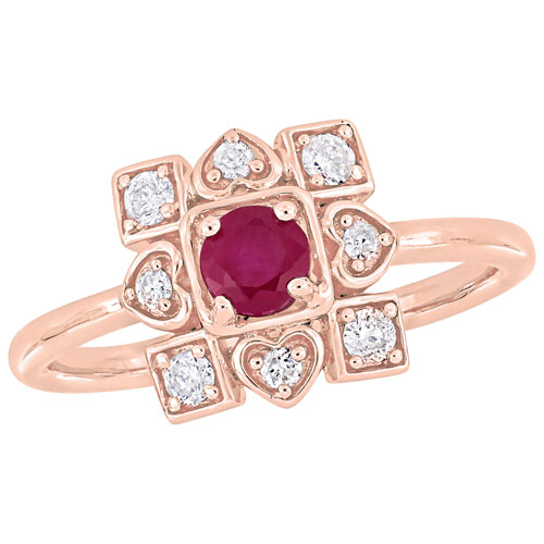 Floral Ring in 10K Pink Gold with Red Round Ruby & 0.2ctw White Diamonds - Size 8