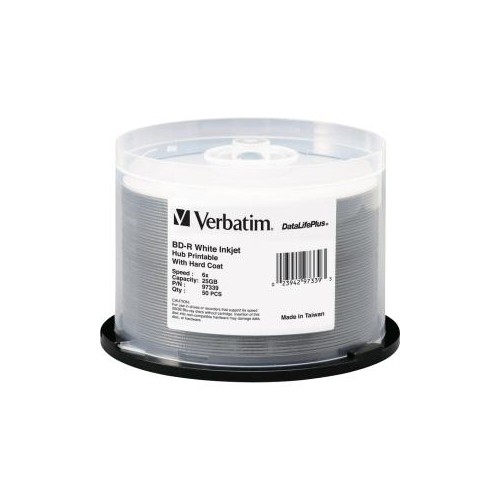 VERBATIM BD-R 25GB 6X DATALIFEPLUS WHITE INKJET PRINTABLE, HUB PRINTABLE 50PK SPINDLE 97339