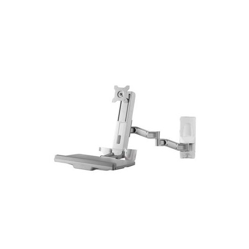 AMER NETWORKS EXTENDED SIT STAND WALL MOUNTED WORKSTATION SYSTEM. FEATURES INCLUDE TILT SWIVEL HEIGHT ADJUSTMENT INSIDE-
