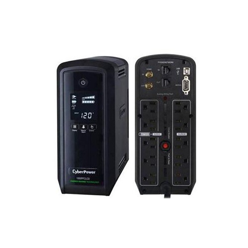 CYBERPOWER 1000VA CP PFC UPS ADAP SINEWAVE 10OUT 15A LCD AVR RJ11/45/COAX 3YR CP1000PFCLCD