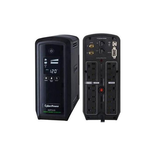 CYBERPOWER 850VA CP PFC UPS ADAP SINEWAVE 10OUT 15A LCD AVR RJ11/45/COAX 3YR CP850PFCLCD