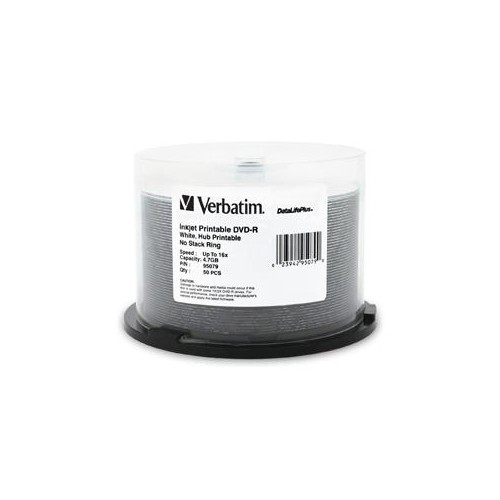VERBATIM 4.7GB UP TO 16X DATALIFEPLUSWHITE INKJET PRINTABLEHUB PRINTABLE RECORDABLE DISC DVD-R 50-DISC SPINDLE 95079