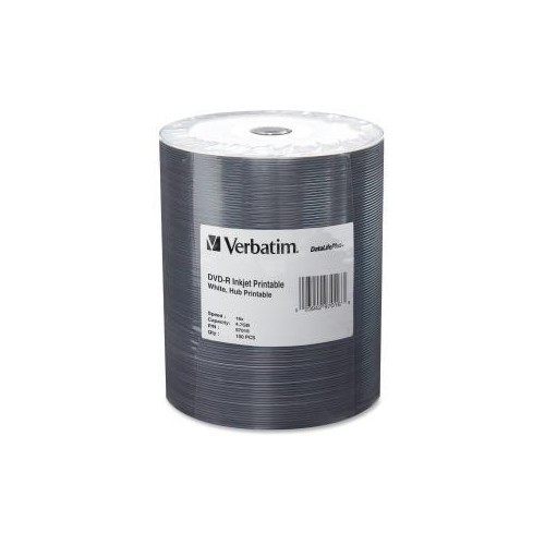 VERBATIM 4.7GB UP TO 16X DATALIFEPLUS WHITE INKJET HUB PRINTABLE RECORDABLE DISC DVD-R 100-DISC TAPE WRAP 97016