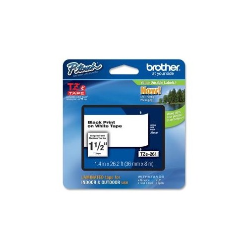 BROTHER TZ STANDARD ADHESIVE LAMINATED LABELING TAPE, 1-1/2W, BLACK ON WHITE TZE261