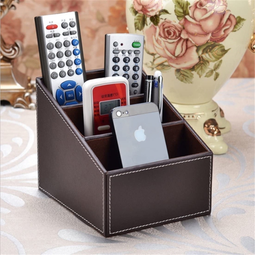 PU Leather Remote Control Phone Desk Holder Home Stand Organizer Storage Boxes