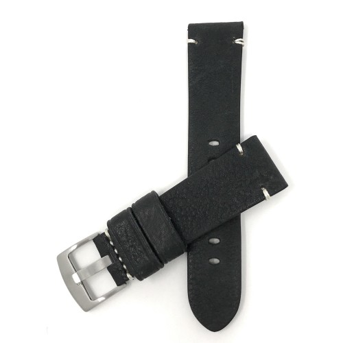 BANDINI  20MM Vintage Smartwatch Strap for Motorola 360 (42MM Case), Leather, Minimal Stitch, Stainless Steel Buckle In Black