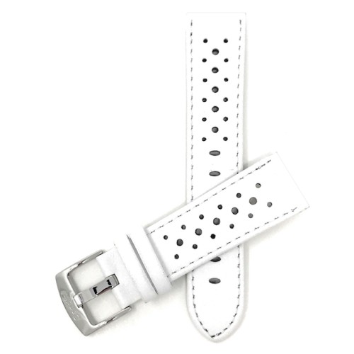 BANDINI  Extra Long 20MM Smartwatch Strap for Motorola 360 (42MM Case), Leather, Vented Racer, Stainless Steel Buckle In White