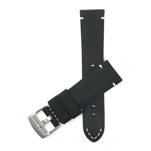 BANDINI  24MM Black Vintage Watch Band Strap, Genuine Leather Stitch, Stainless Steel Buckle In White