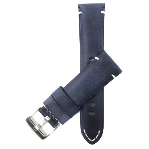 BANDINI  24MM Vintage Watch Band Strap, Genuine Leather, White Stitch, Stainless Steel Buckle In Blue