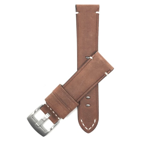 BANDINI  24MM Tan Vintage Watch Band Strap, Genuine Leather Stitch, Stainless Steel Buckle In White