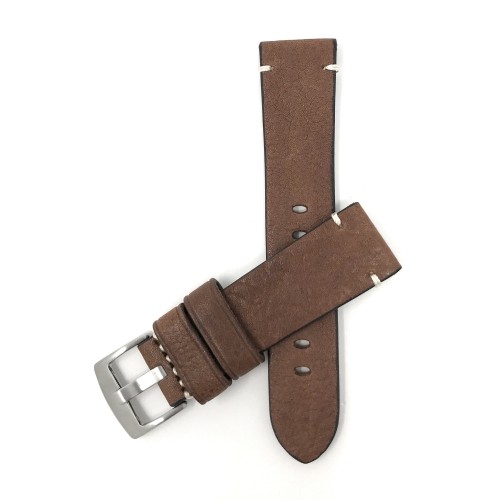 24mm Brown Vintage Watch Band Strap, Genuine Leather, Minimal Stitch, Stainless Steel Buckle