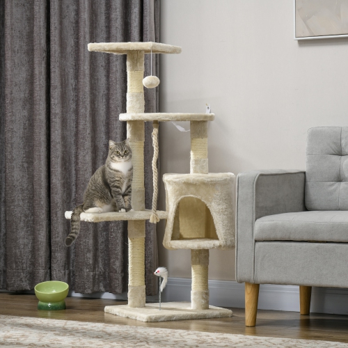 PawHut – Arbre chat à rayures 46Inch, tour chat multiniveau pour gros chats adultes avec jouets et condo, beige