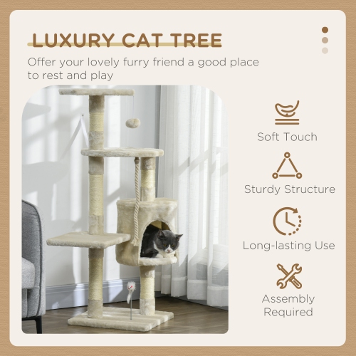 PawHut – Arbre chat à rayures 46Inch, tour chat multiniveau pour gros chats adultes avec jouets et condo, beige