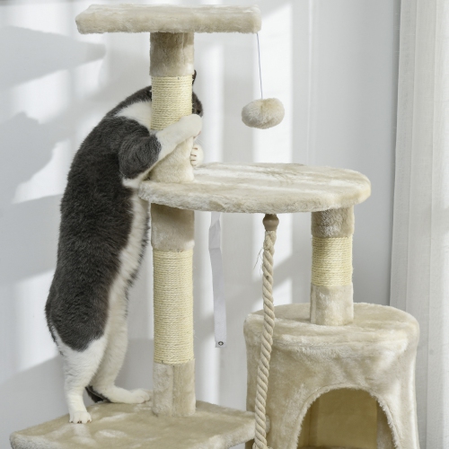 PawHut – Arbre chat à rayures 46Inch, tour chat multiniveau pour gros chats adultes avec jouets et condo, beige
