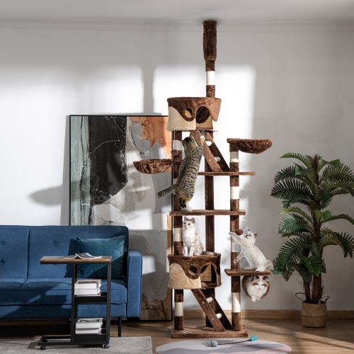 PawHut Cat Tower for Large Cats Adult, Floor to Ceiling Cat Tree Adjustable Height 94"-102" Multi-Level with Scratching Posts, Cozy Hammock, Pompoms,