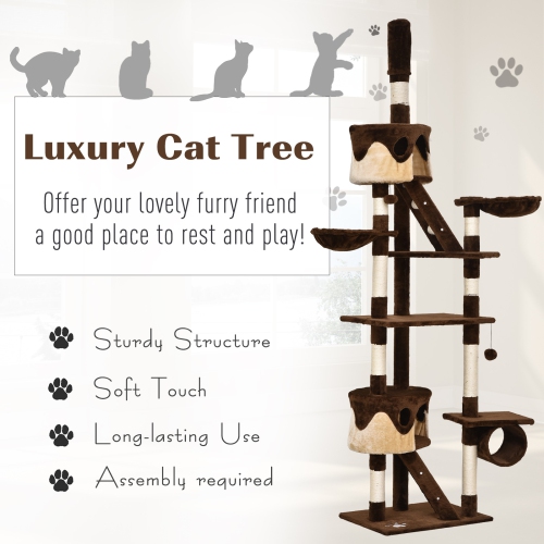 PawHut Cat Tower for Large Cats Adult, Floor to Ceiling Cat Tree Adjustable Height 94"-102" Multi-Level with Scratching Posts, Cozy Hammock, Pompoms,