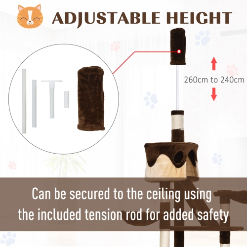 PawHut Cat Tower for Large Cats Adult, Floor to Ceiling Cat Tree Adjustable Height 94"-102" Multi-Level with Scratching Posts, Cozy Hammock, Pompoms,